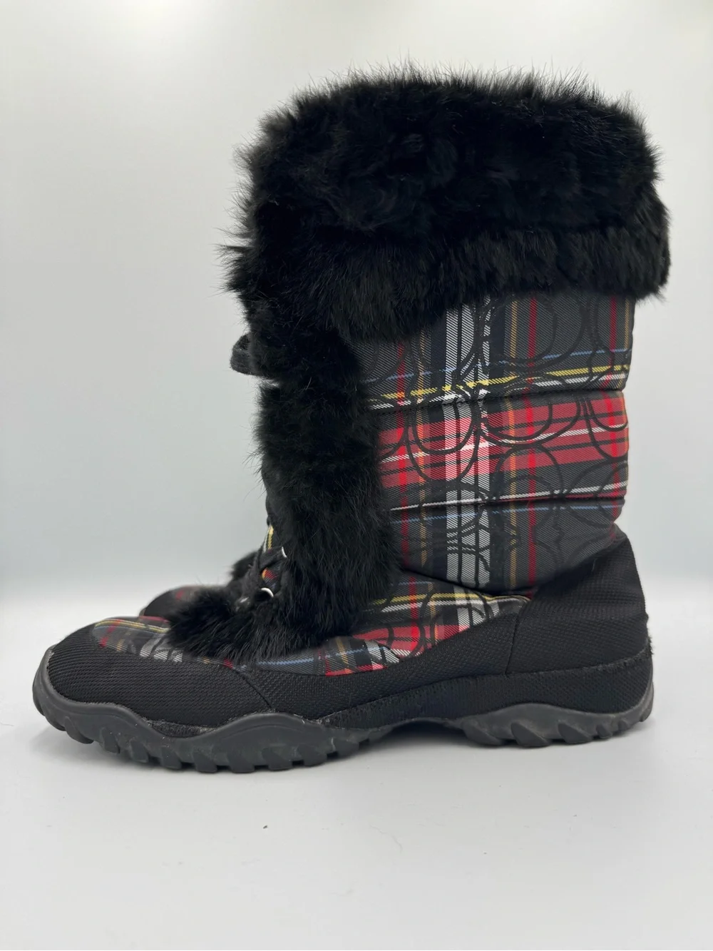COACH Jennie Black Faux Fur Plaid Winter Boots, RARE! Sz 10
